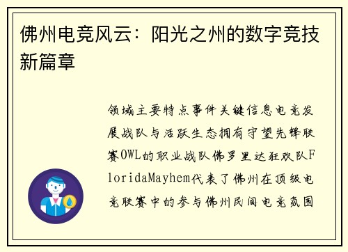 佛州电竞风云：阳光之州的数字竞技新篇章